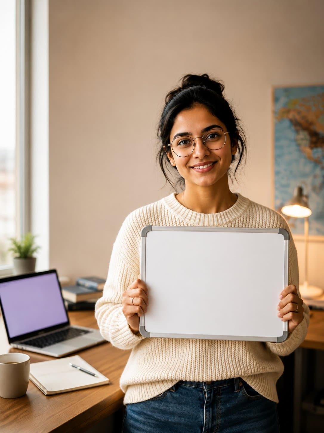 A young immigrant in Canada holding a whiteboard, planning her PR journey with Nimmi