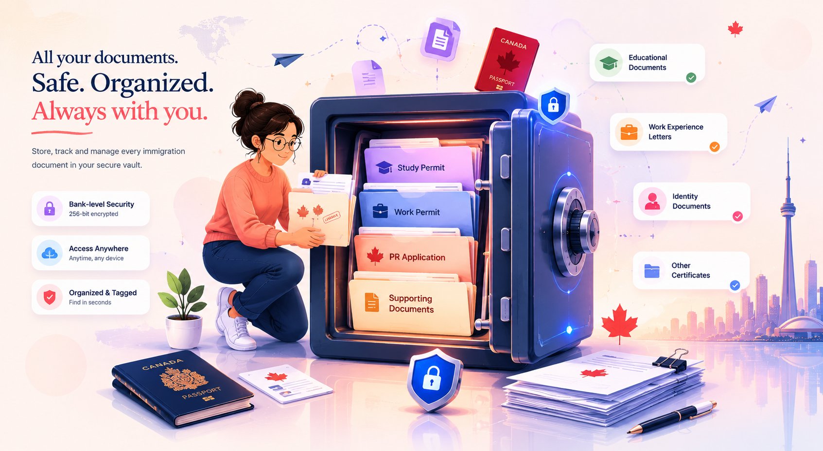 Illustration of an immigrant placing their documents — passport, study permit, work permit, PR application — into a secure digital vault